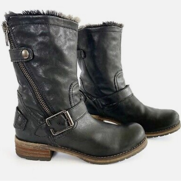 Clarks Indigo Majorca black leather moto boot with faux fur Size 6.5 - Picture 1 of 13
